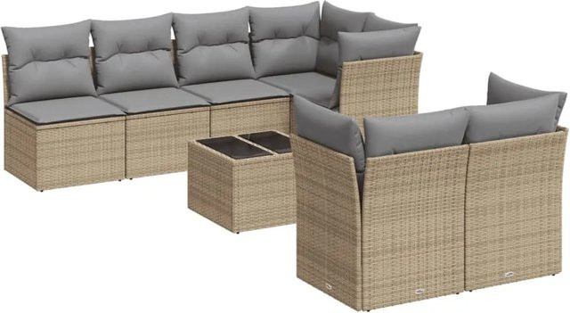 vidaXL 8-teilige Garten-Sofagarnitur in L-Form aus Poly-Rattan mit Kissen in Beige-Grau - Bild 1