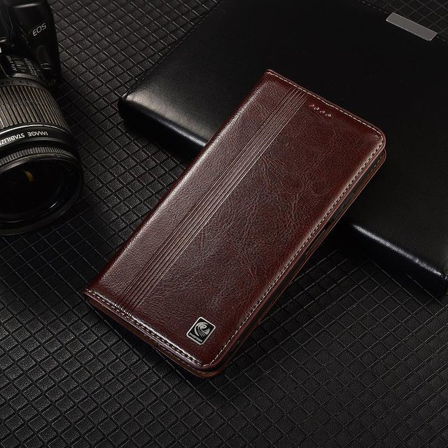 Motorola Moto Edge Klapphülle aus echtem Leder mit vertikalem Linienmuster in Kaffeebraun - Bild 1