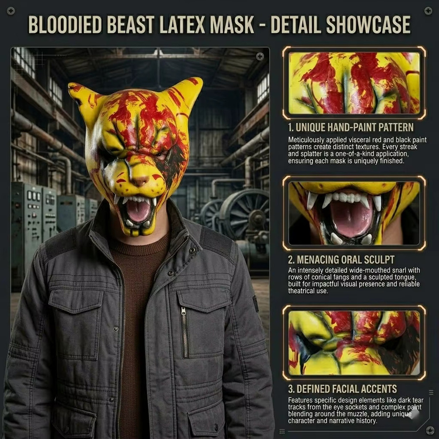 patygr Horror Blutige Tiger-Maske, Vollkopf-Latex-Tiermaske, Unisex - Bild 5