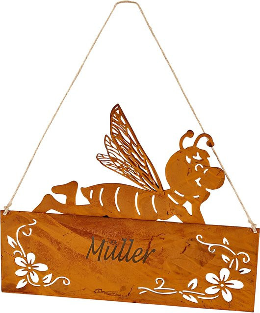 Personalisiertes Edelrost-Türschild mit Namen Biene und floralem Design in Braun und Orange - Bild 1