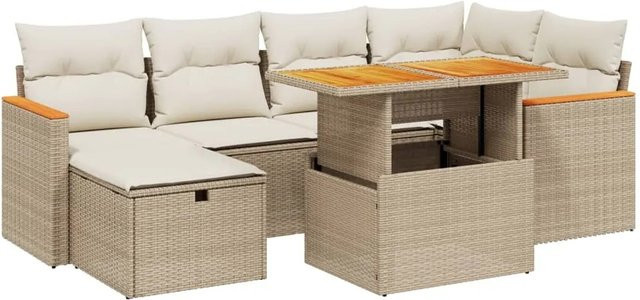 vidaXL 7-teilige Garten-Sofagarnitur aus Poly-Rattan und Akazienholz in Beige-Creme mit Kissen - Bild 1