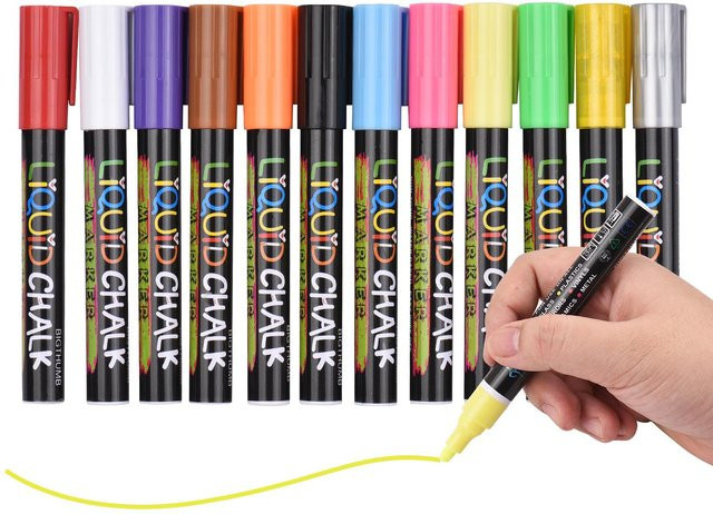 BIGTHUMB Flüssigkreide-Marker mit 12 leuchtenden Farben und 3 mm Wendespitze, wasserbasiert und löschbar, Multicolor - Bild 1
