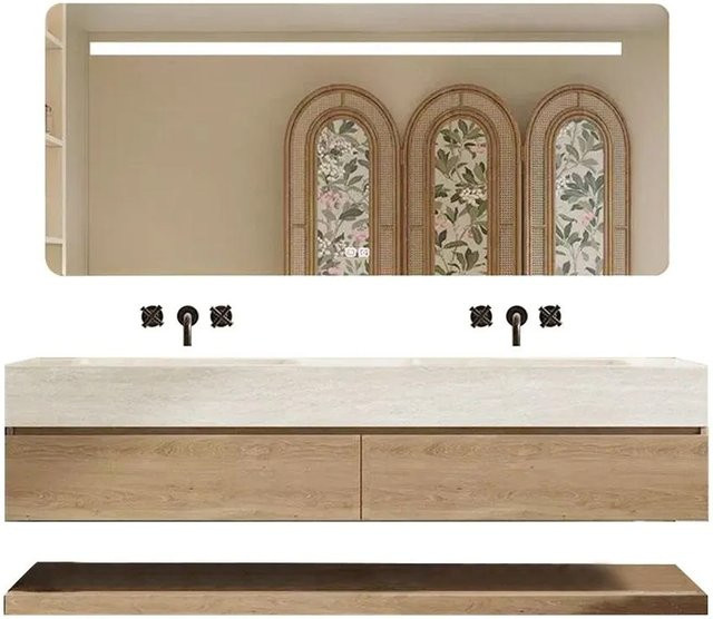 360Home Wandhängendes Doppelwaschbecken Set in Travertin Optik Beige mit Unterschrank und Spiegel mit LED-Beleuchtung und Anti-Beschlag-Funktion, Breite: 130 cm - Bild 1