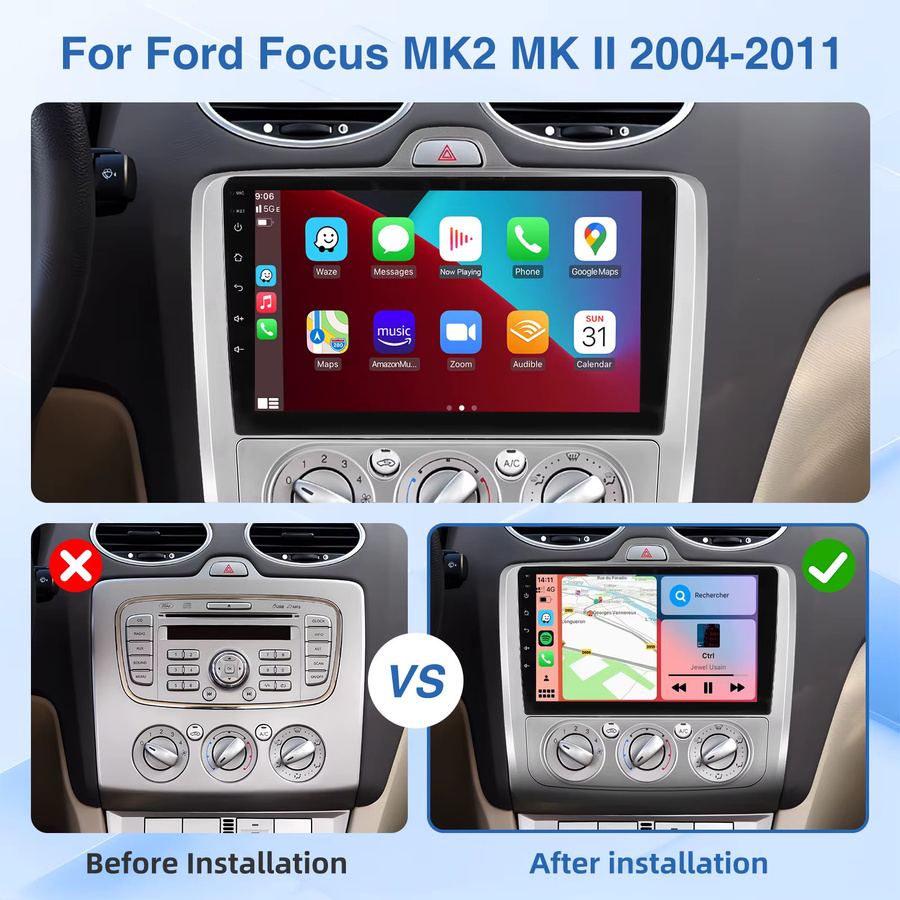 MOPECT Android 15 Autoradio für Ford Focus MK2 2004-2011 mit 9 Zoll Touchscreen, 4+64GB, GPS, Bluetooth, DAB und Rückfahrkamera, Schwarz - Bild 2