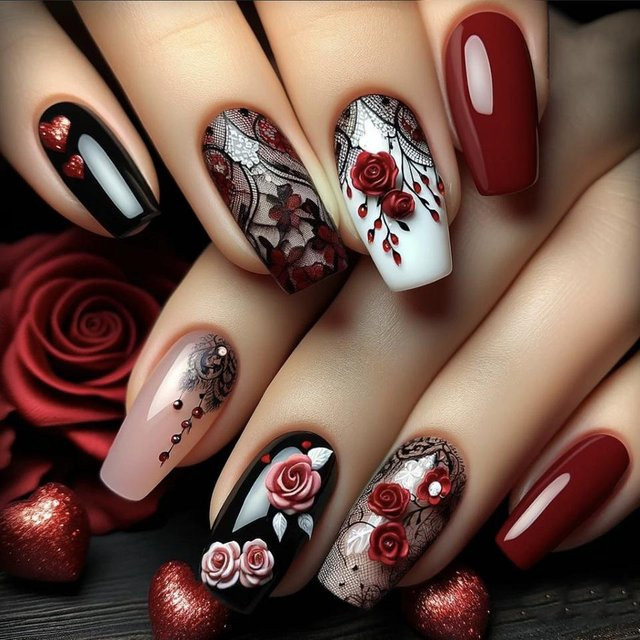 Glamour Nails Falsche Nägel, Dunkelrot, Rankenmuster, Glänzend, 24 Stück - Bild 1