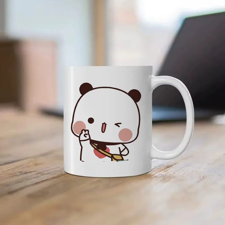 XiJing Keramiktasse mit Pfirsich und Goma Katze Motiv in Weiß - Bild 1