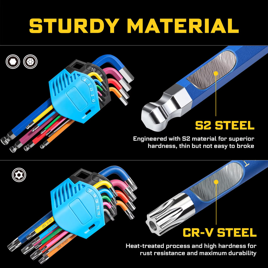 Geinxurn Inbusschlüsselsatz in Multicolor mit Torx und Hex Kurzschaft mit Loch T10-T50 und H1.5-H10 für Präzisionsreparaturen und DIY-Arbeiten - Bild 3