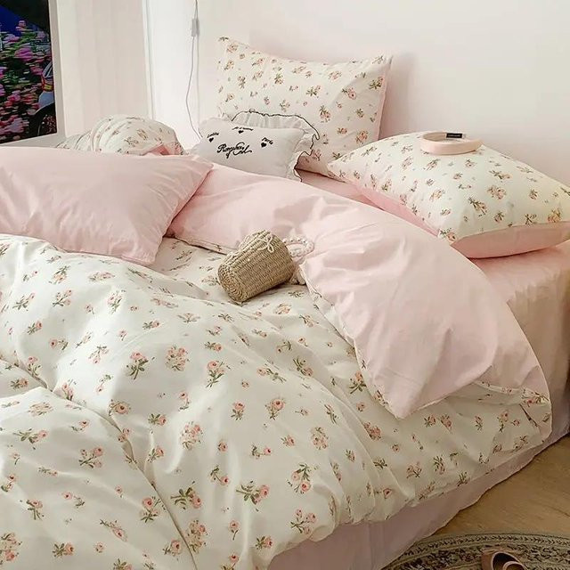 Bin Chi Textiles Rosa Blumenbettwäscheset aus Baumwolle und Mikrofaser mit Kissenbezug und Flachbettlaken, B/H: 150 x 200 cm - Bild 1