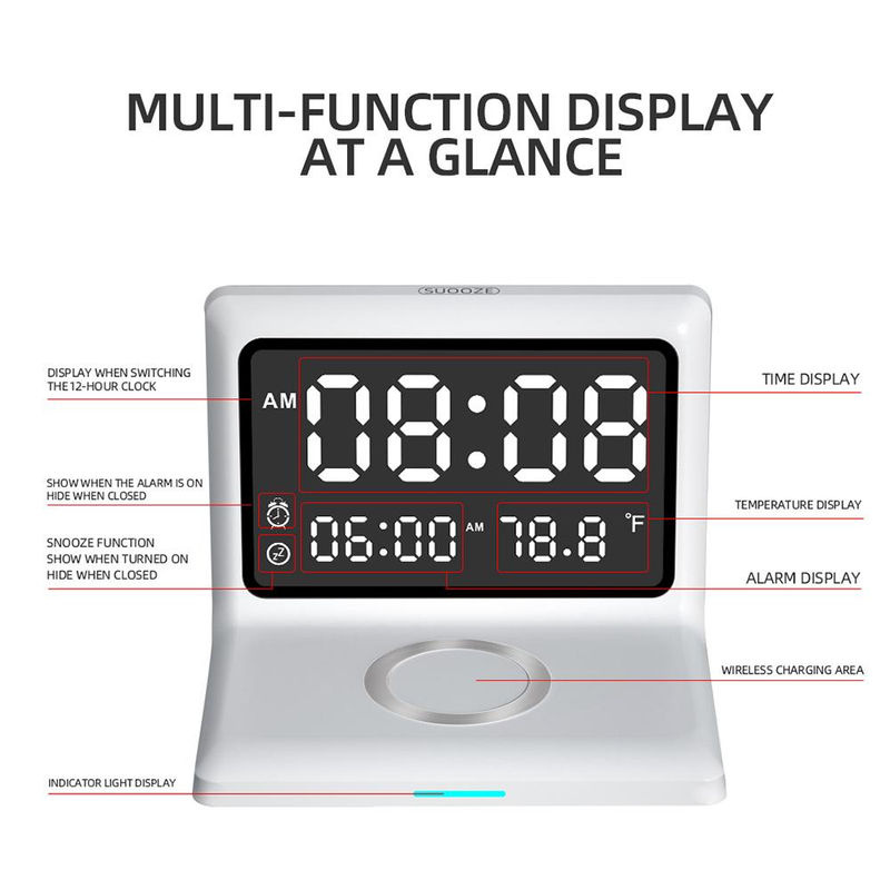 Tooarts Multifunktionale digitale Spiegeluhr mit 15 W kabellosem Ladewecker und dimmbarem Display in Schwarz - Bild 4