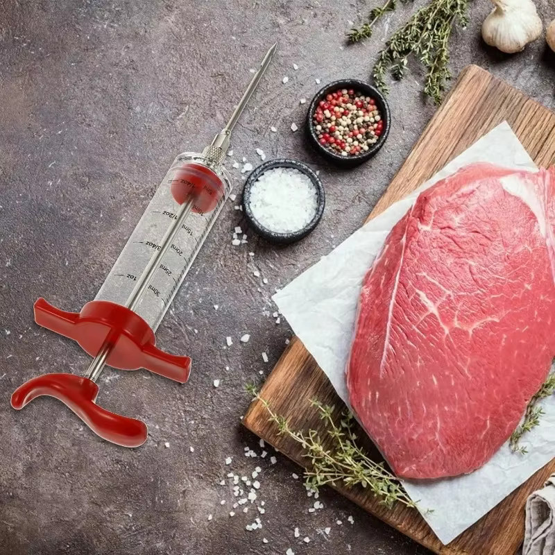 Edelstahl Fleischinjektor Set in Rot für BBQ, Grill und Braten inklusive Nadeln - Bild 4