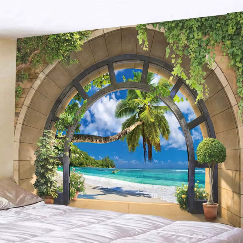 VIKAMA Strand-Dekorationswandteppich mit tropischer Insel- und Palmenlandschaft in Multicolour - Bild 2