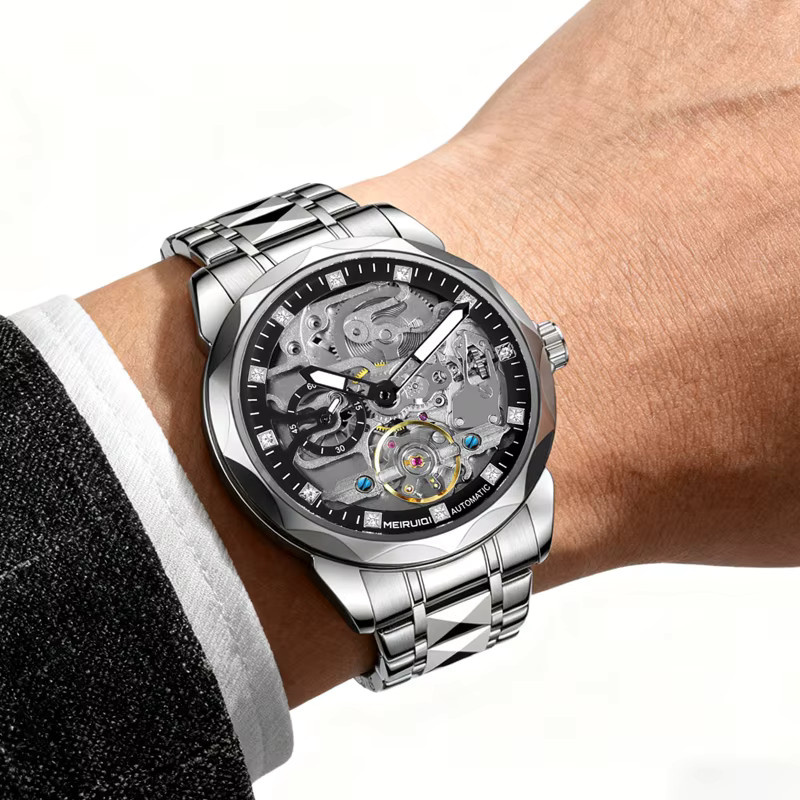 MEIRUIQI Armbanduhr Automatik, Edelstahl, Silber, Schwarz, Herren - Bild 5