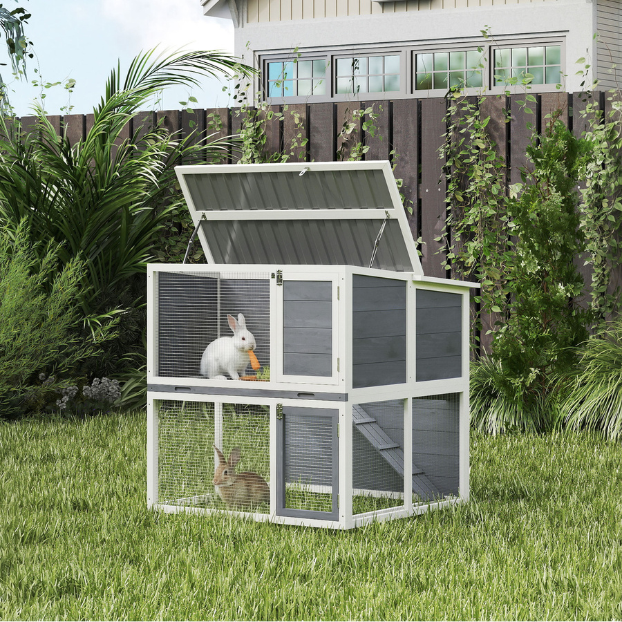 PawHut Hasenstall aus Holz mit 2 Etagen und Freilaufgehege, wetterfestes Kaninchengehege für Outdoor, Grau, B/T/H: 98 x 95 x 102,5 cm - Bild 2