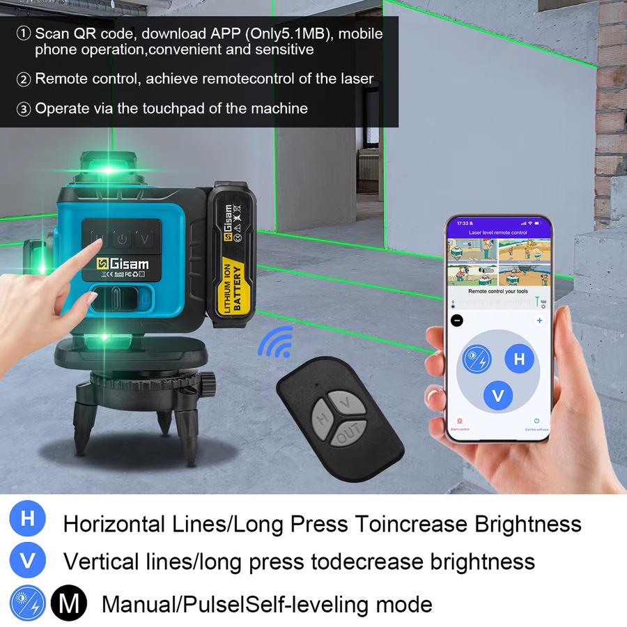 Gisam 16-Linien 4D Laser-Wasserwaage mit Stativ, selbstnivellierend, 360 Grad horizontal und vertikal, grüner Laser - Bild 5