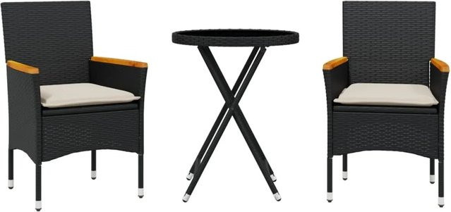 vidaXL 3-teiliges Bistro-Set aus Polyrattan und Glas in Schwarz mit Kissen für Garten, Balkon und Terrasse - Bild 1