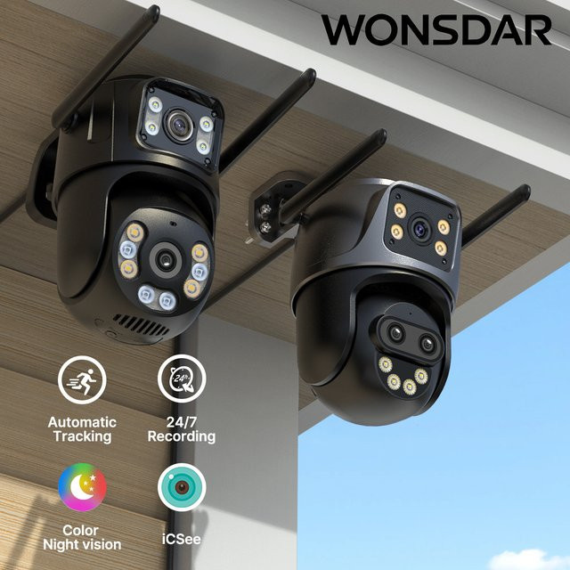 WONSDAR PTZ-IP-Kamera mit drei Objektiven, HD-Dual-Objektiv WLAN-Überwachungskamera für den Außenbereich mit automatischer Verfolgung, kabellose iCsee CCTV-Kamera, Schwarz - Bild 1