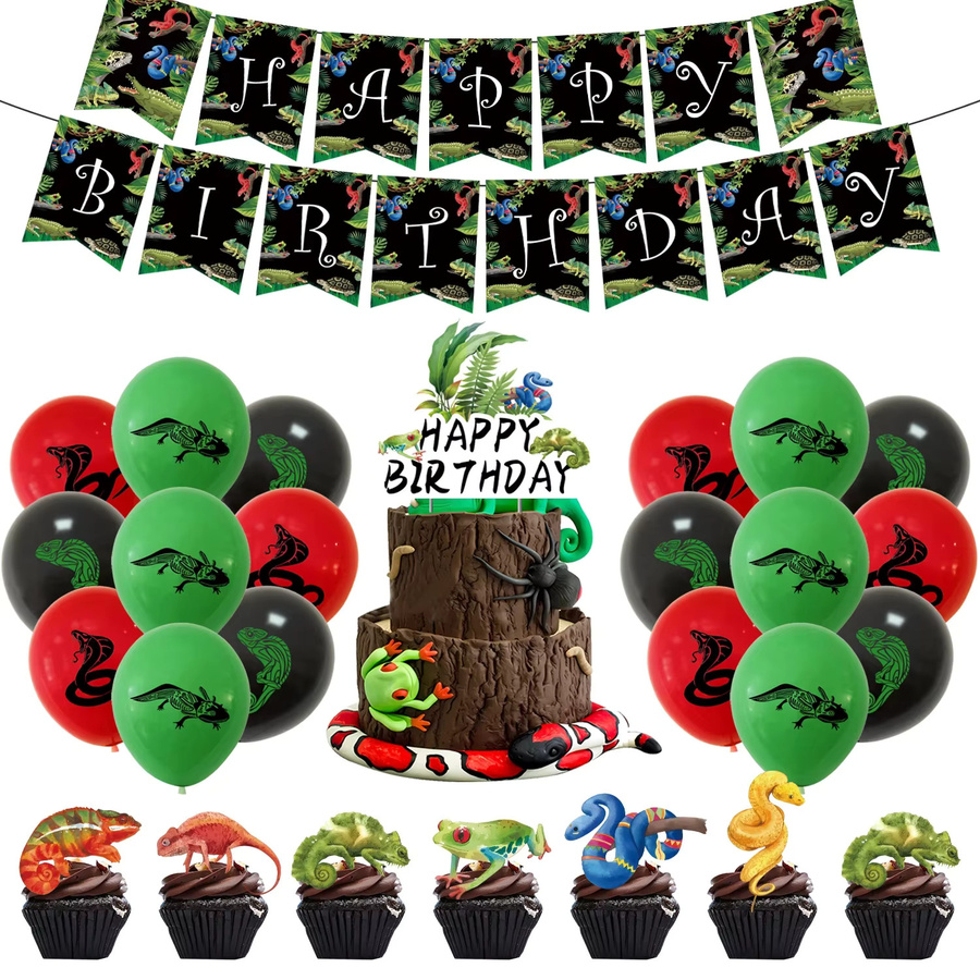 Potdemiel Reptilien-Party Geburtstagszubehör Set mit Eidechsen und Schlangen in Multicolor bestehend aus Einweggeschirr Pappbechern Tellern Servietten Banner und Ballons - Bild 3