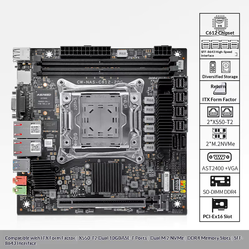 SZJN CW-NAS-C612-20G Mini ITX Server-Motherboard LGA2011-3 für Xeon E5 V3 V4, Dual Intel X550 10G LAN, DDR4 ECC, Dual M.2 NVMe, Schwarz - Bild 4