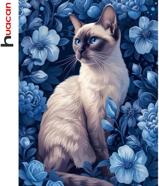 Huacan Diamant-Gemälde mit Katze und Blumen als Wanddeko im Mosaik-Stil mit Full Round Steinen, B/H: 40 x 30 x 2 cm - Bild 1