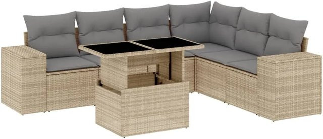 vidaXL 7-teilige Garten-Sofagarnitur in L-Form aus Poly-Rattan mit Kissen in Beige - Bild 1