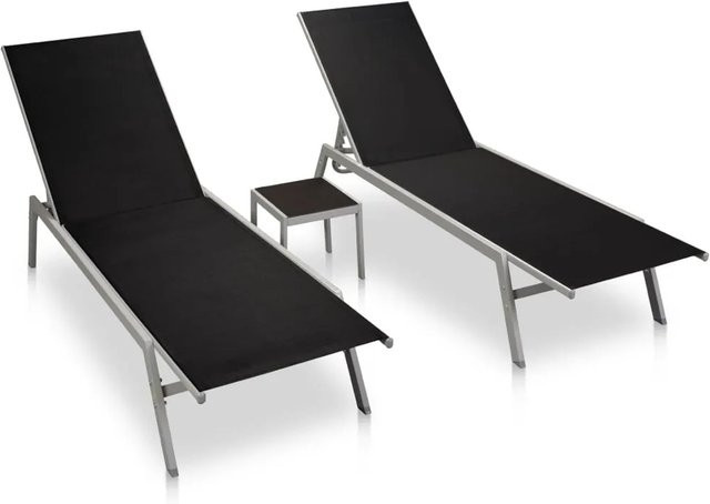 vidaXL Sonnenliegen Set aus 2 Stück mit Tisch in Schwarz aus Stahl und Textilene mit verstellbarer Kopfstütze und Beistelltisch - Bild 1