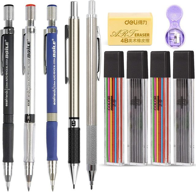 Kissbuty Druckbleistift Set mit 2,0 mm 2B Minen in Schwarz für Kunst und Skizzen - Bild 1