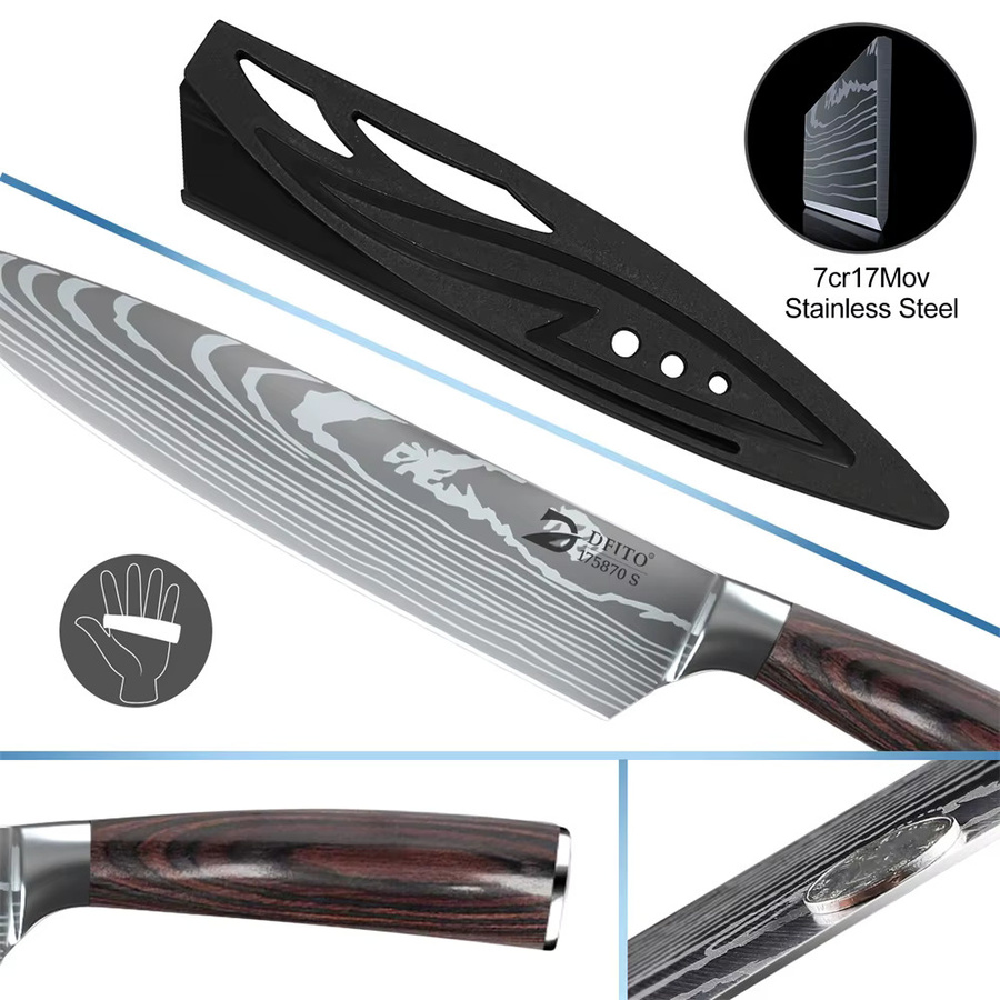 MDHAND 8-teiliges Damaszener Edelstahl Küchenmesser-Set in Rot mit Kochmesser, Santoku, Hackmesser, Tranchiermesser, Ausbeinmesser, Allzweckmesser und Schälmesser im japanischen Stil - Bild 6