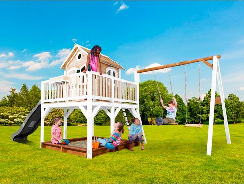 Axi Liam Spielhaus mit Doppelschaukel und Rutsche aus Holz in Braun, Weiß und Grau, B/H/T: 613 x 291 x 277 cm - Bild 2