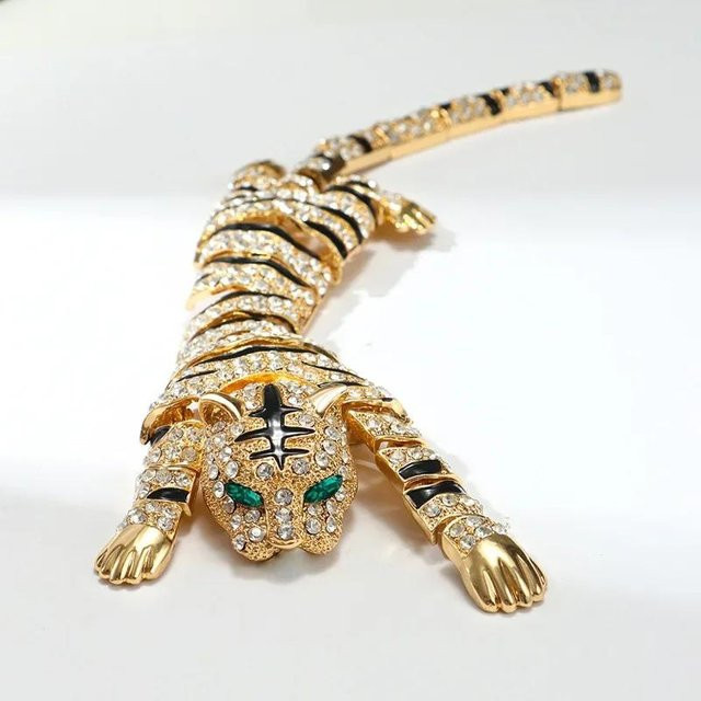 Tiger Brosche, Strass, beige, Damen Herren - Bild 1