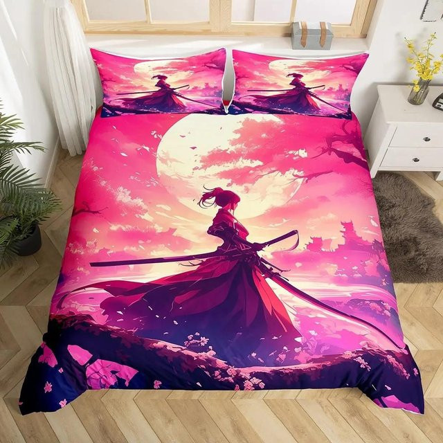 Japanisches Samurai Bettwäscheset mit Kirschblüten, Roter Sonne und Fuji Berg, B/H: 140 x 210 cm, Farben: Rot und Pink - Bild 1