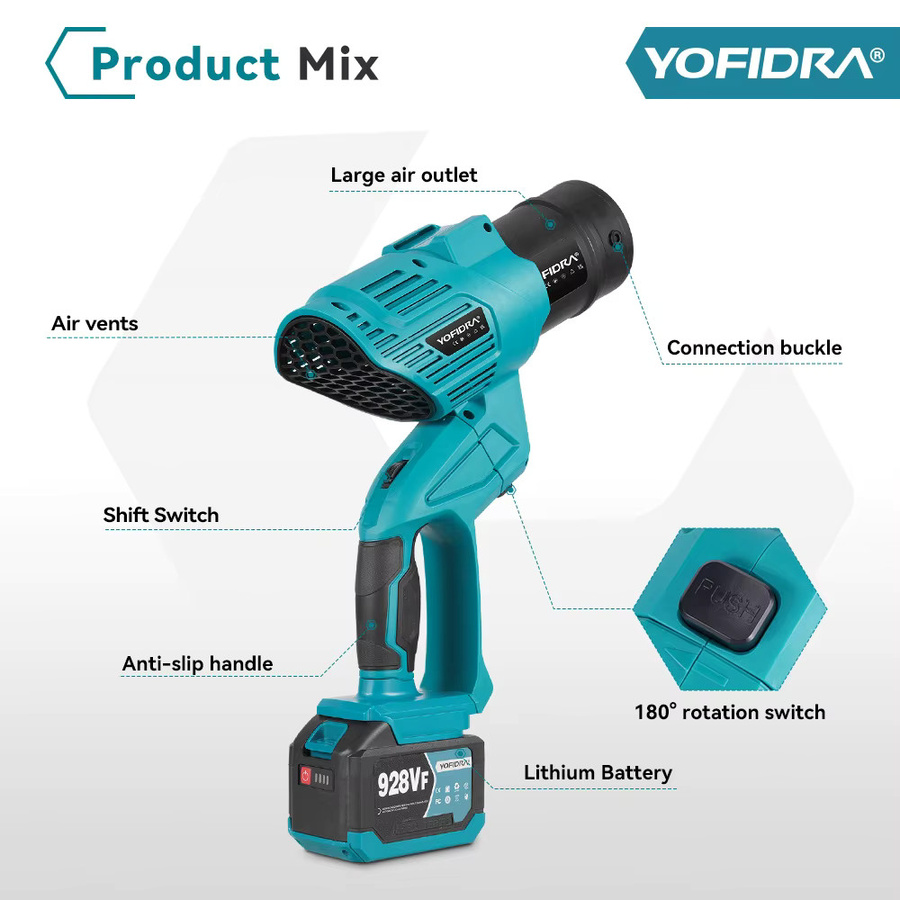 YOFIDRA 2in1 Elektrisches Turboventilator Luftgebläse mit 1500W bürstenlosem Motor in Blau für Makita LXT 18V Akku - Bild 2