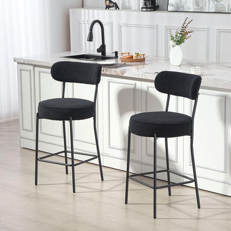 HOMCOM Barhocker 2er Set in Schwarz mit Fleece-Optik und Stahlgestell, gepolsterte Barstühle mit Lehne und Fußstütze, Sitzhöhe: 68 cm - Bild 2