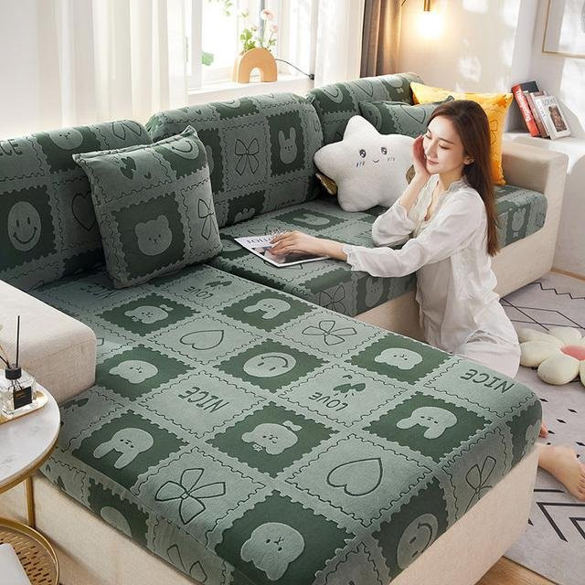 Yiran Furniture Plüsch-Jacquard-Sitzbezug für L-Form Chaiselongue Sofas in Grün - Bild 1