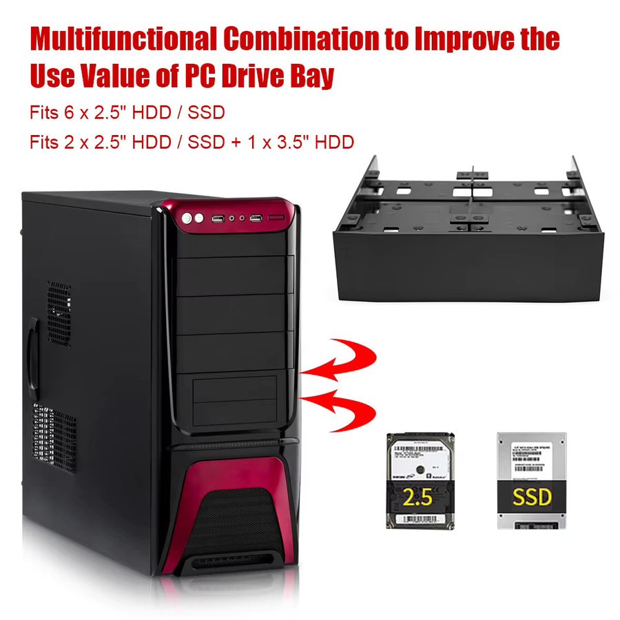 OImaster Festplattenhalterung für 2,5 Zoll HDD und SSD auf 5,25 Zoll Diskettenlaufwerkschacht, Schwarz - Bild 2