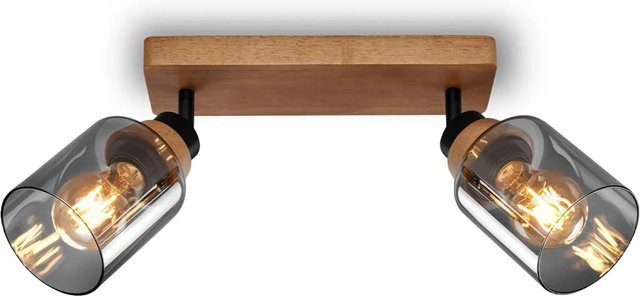 Briloner Deckenleuchte Royk 2-flammig schwenkbar mit Holzbasis und Rauchglas in Schwarz und Holz, E27 Fassung - Bild 1