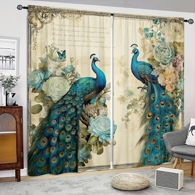 Yiran Furniture Pfau-Stil Vorhang Set mit Blumenmuster, halbtransparent, Mehrfarbig, B: 50 cm, H: 160 cm, 2 Stück - Bild 1