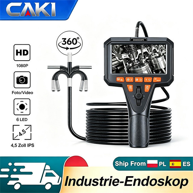 CAKI Industrieendoskop Inspektionskamera mit 4,5 Zoll IPS-Bildschirm, HD 1080P, 360 Grad Zwei-Wege-Gelenk und IP67 wasserdichtem halbstarrem Kabel mit LED-Licht in Schwarz - Bild 1