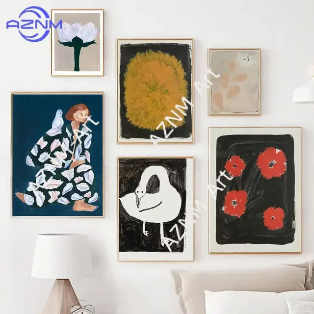 Fine Little Day Leinwandgemälde im skandinavischen Stil mit Schwan, Blumen und botanischen Motiven, Mehrfarbig - Bild 1
