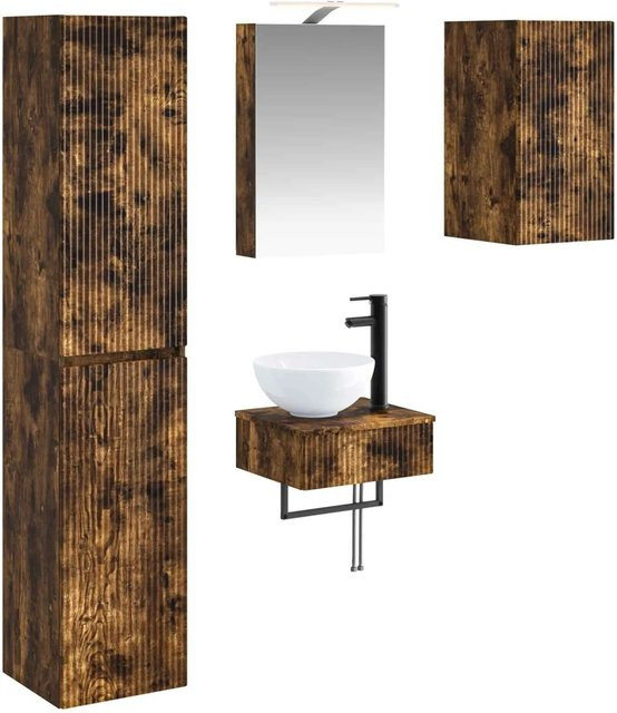 vidaXL Badezimmermöbel-Set 5-teilig aus Eiche in Braun, modern mit LED-Beleuchtung und Spiegelschrank - Bild 1