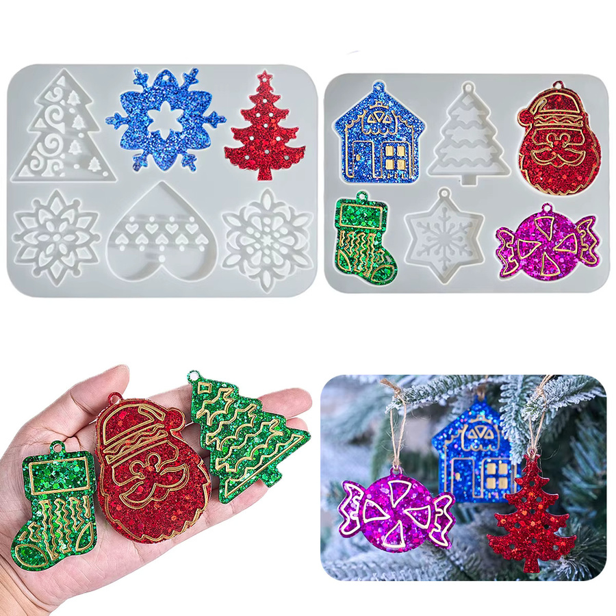 UDOCOOL Silikonform mit 6 Löchern für Weihnachtsanhänger in Formen wie Schneeflocke, Haus, Socke und Weihnachtsmann zur Weihnachtsdekoration - Bild 2
