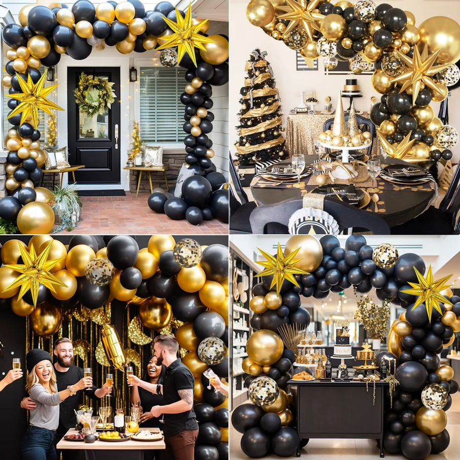 YAYB Luftballon Girlandenbogen-Set in Schwarz und Gold mit Sternen für Geburtstag, Jahrestag und Abschlussfeier, 137 Stück - Bild 3