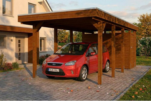 SKANHOLZ Carport Friesland aus Fichte mit Abstellraum und Flachdach, Farbe: Nussbaum/Braun, B: 320 cm, T: 708 cm - Bild 1