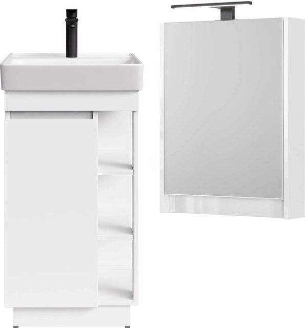 Planetmöbel Badmöbel Set NYX in Matt Weiß mit LED Spiegelschrank und Waschbecken, Armatur in Matt Schwarz, Breite: 45,4 cm - Bild 1