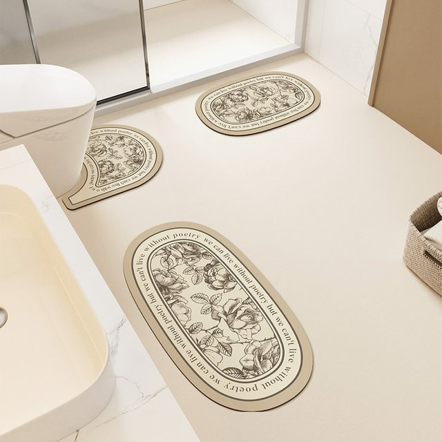 VIKAMA 3er Set Badezimmer-Matten aus PVC, wasserabsorbierend und rutschfest, beige, Floral Vintage Design - Bild 1