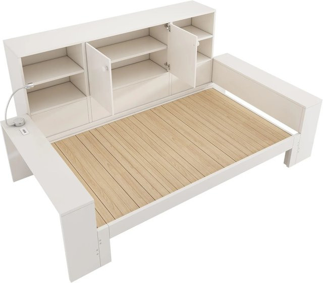 Merax Stauraumbett mit Auszug und USB-C Ladestation in Weiß, B/T/H: 90 x 200 x 37 cm - Bild 1