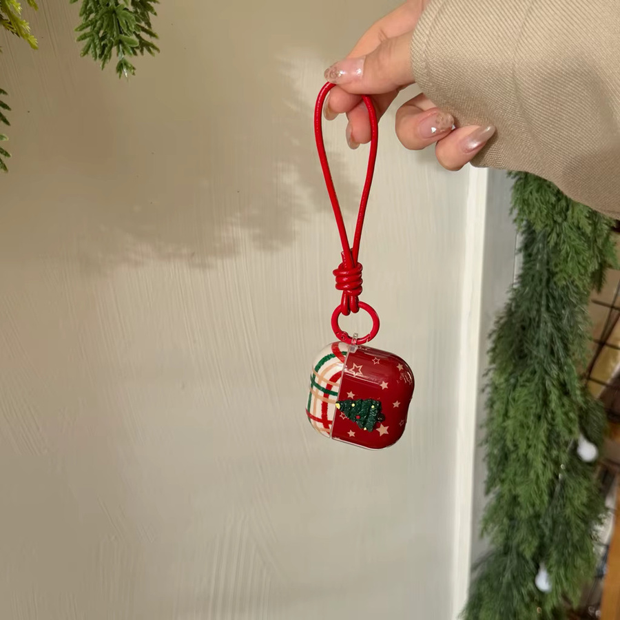 Apple AirPods Schutzhülle mit Weihnachtsbaum-Gittermuster und Sternen in Rot/Mehrfarbig inklusive Lanyard für AirPods 1, 2, 3, 4 und Pro 2 - Bild 4