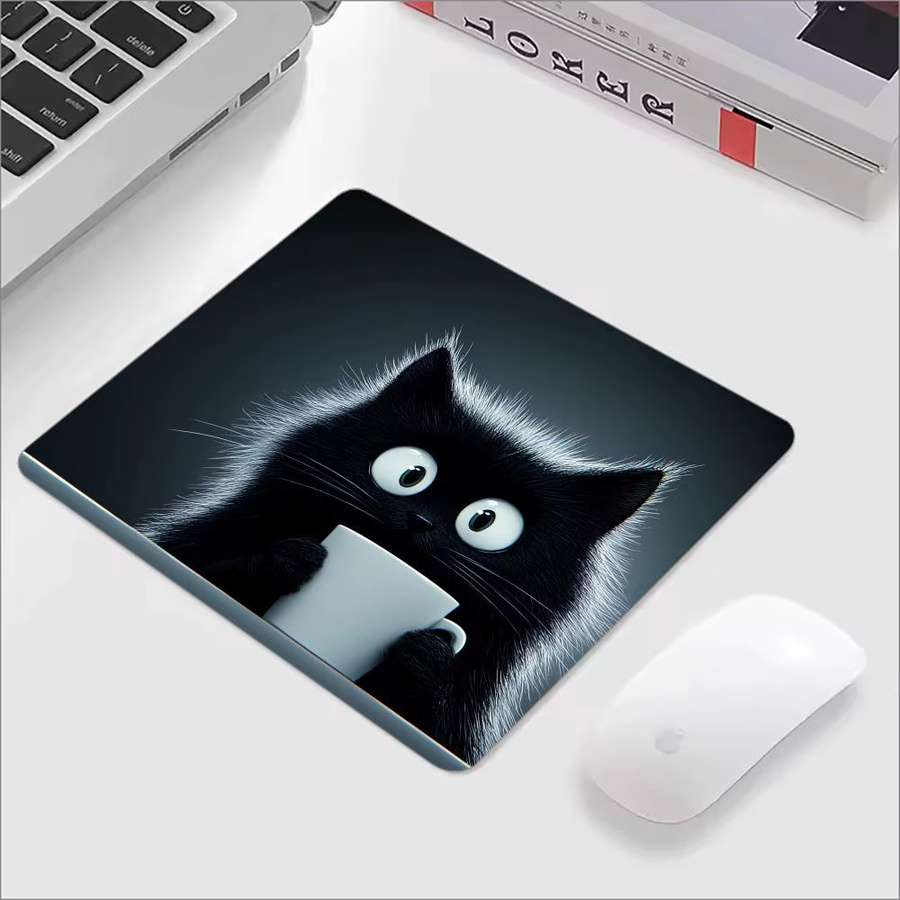 Mairuige Gaming Mauspad Kawaii Kaffee Katze Schwarz Quadrat Rutschfeste Schreibtischmatte aus Gummi - Bild 1