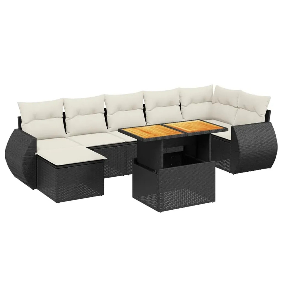 vidaXL 8-teilige Garten-Sofagarnitur aus Poly-Rattan und Akazienholz in Schwarz-Creme mit Kissen - Bild 2