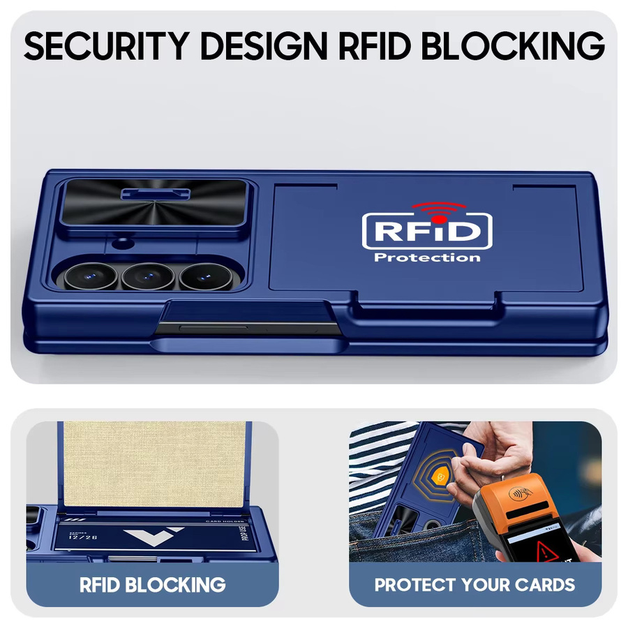 BANGZAO Stoßfeste Handyhülle für die Galaxy Z Fold Serie mit Kartenhalter, Schiebe-Kameraabdeckung und RFID-Blockierung in Blau - Bild 4