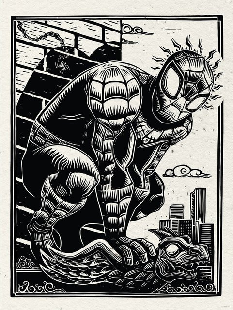 Komar Wandbild Marvel Spider-Man Lino-Cut in Schwarz-Weiß, Breite: 30 cm, Höhe: 40 cm - Bild 1
